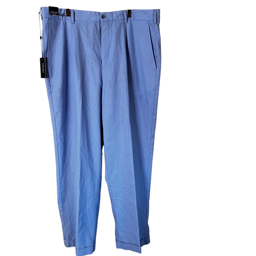 Trust Mens Periwinkle Blue Linen‎ Blend Pleated Cuffed Dress Pants W42 L30 NEW